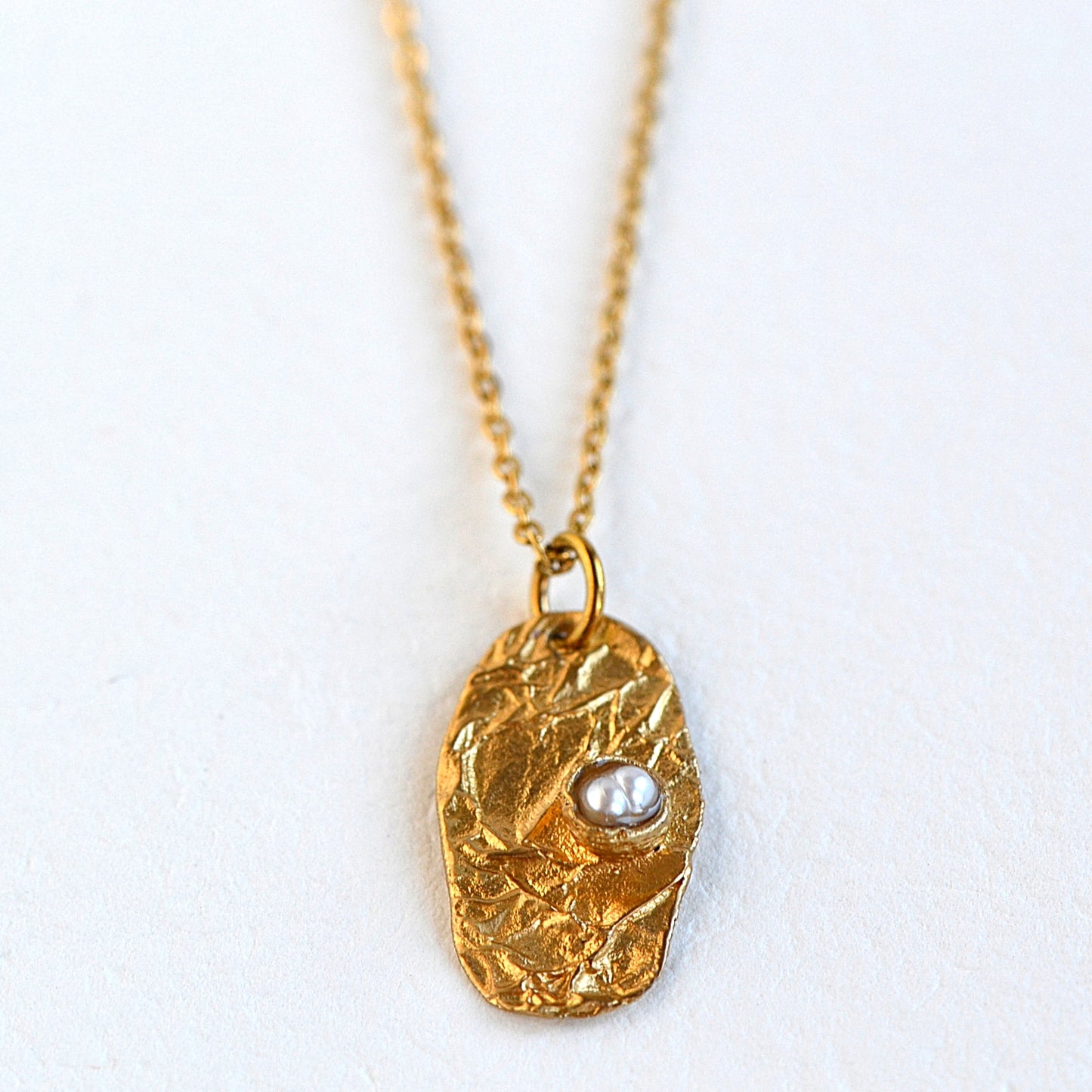 Gold Necklace with Natural Pearl and Paper Texture