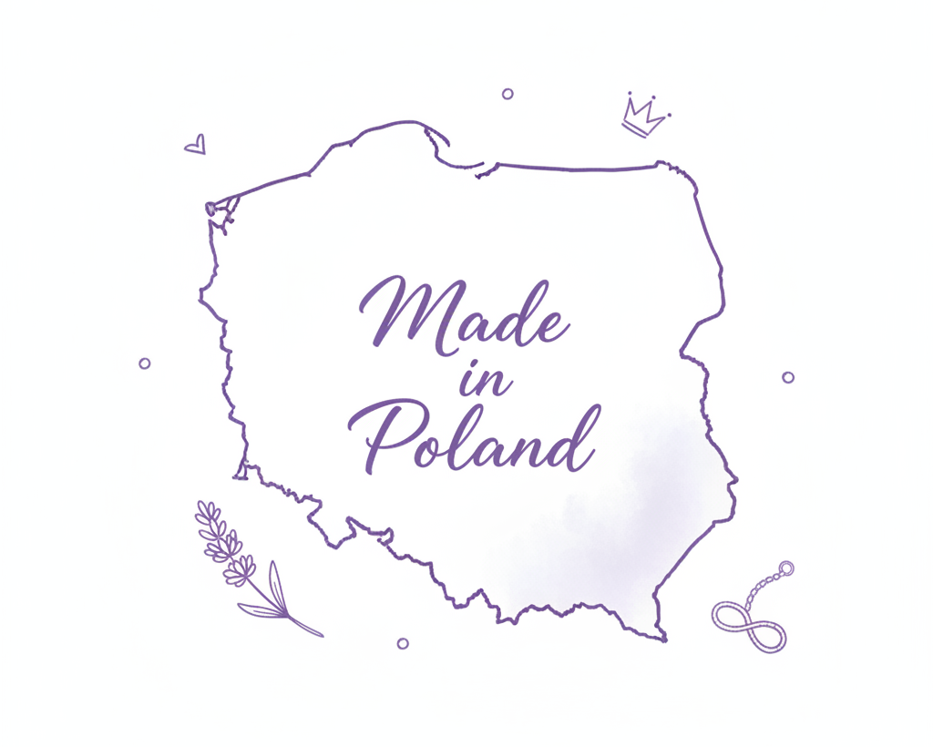 prosty odręczny rysunek w lawendowym kolorze przedstawiający że produkt został wykonany w Polsce