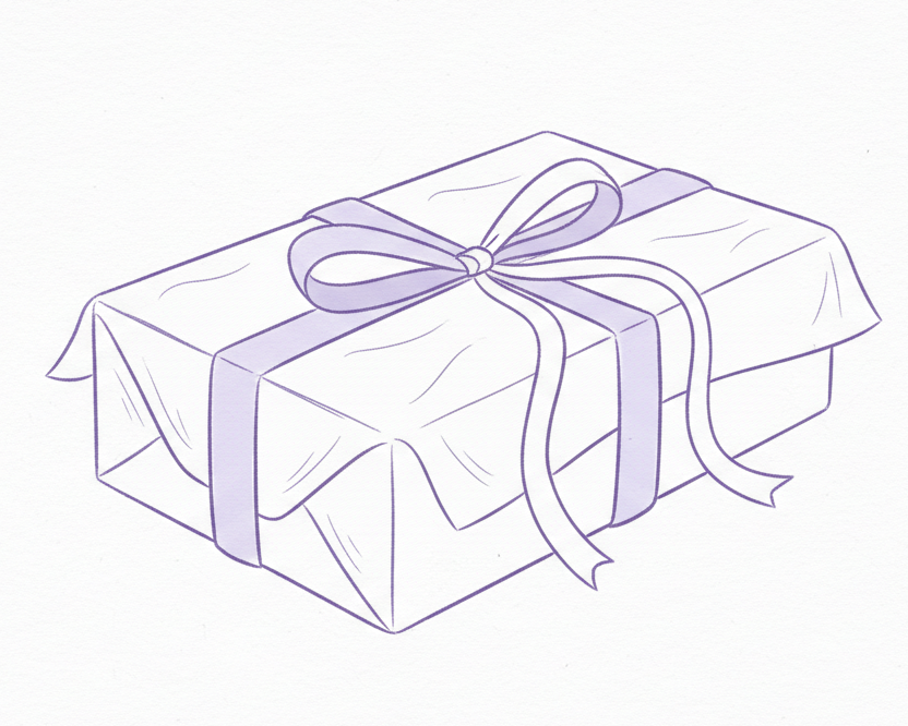 prosty odręczny rysunek w lawendowym kolorze przedstawiający pakowane na prezent