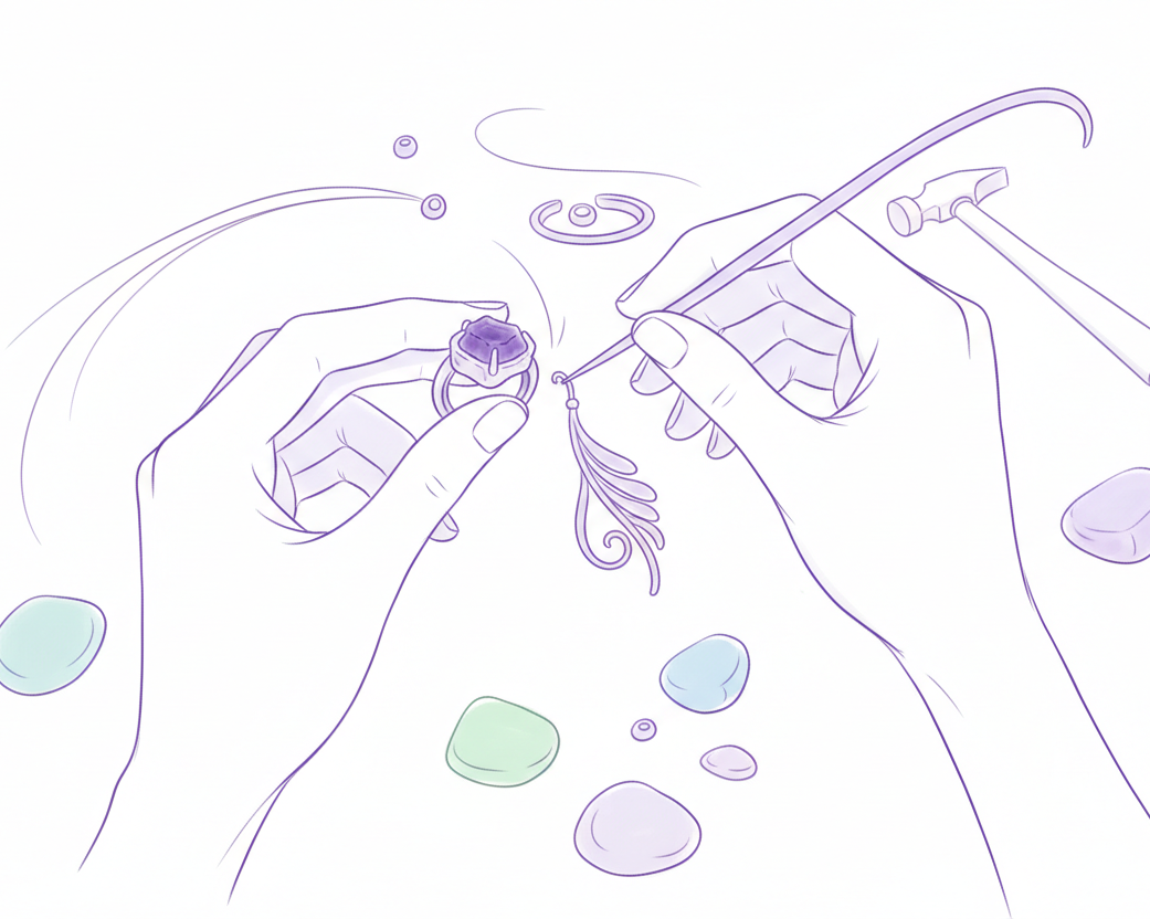 prosty odręczny rysunek w lawendowym kolorze przedstawiający ręce wykonujące biżuterię w organicznym kształcie
